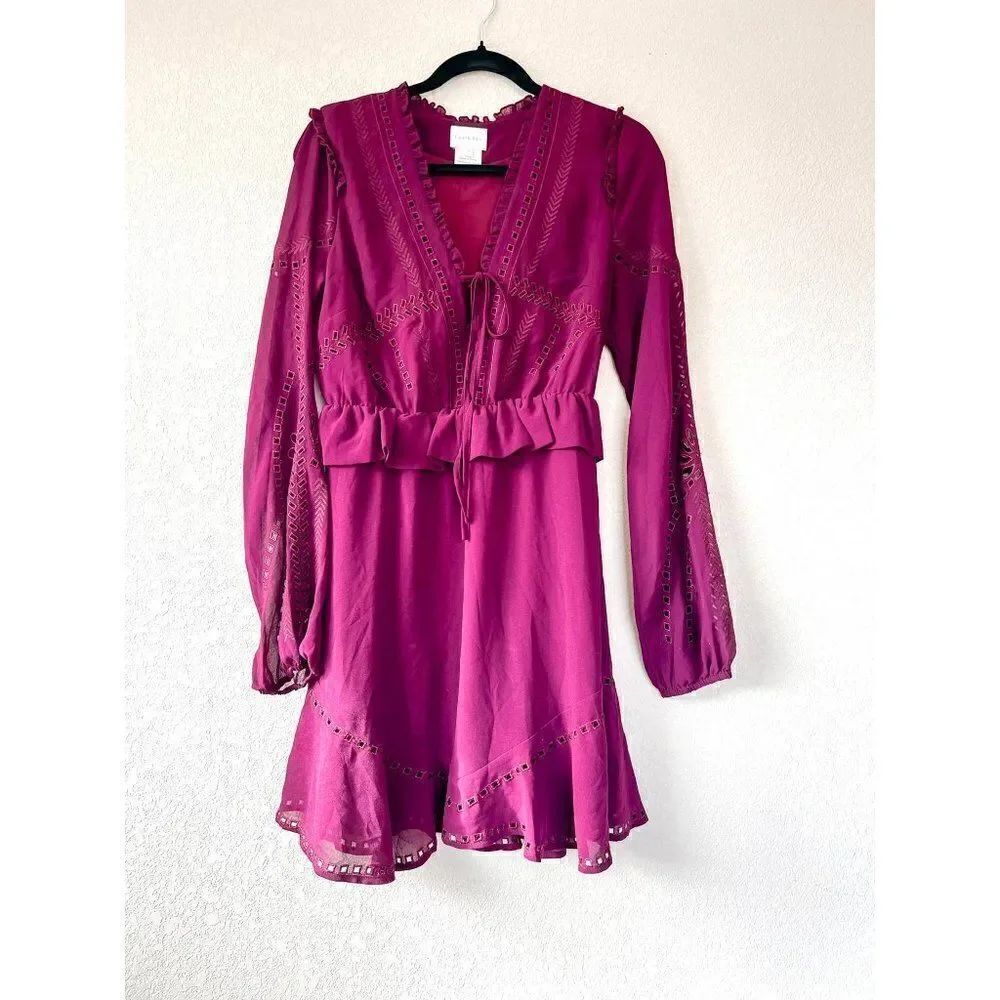 Anthropologie Foxiedox Burgundy Lace Up Long Sleeve Mini Dress, Size Small